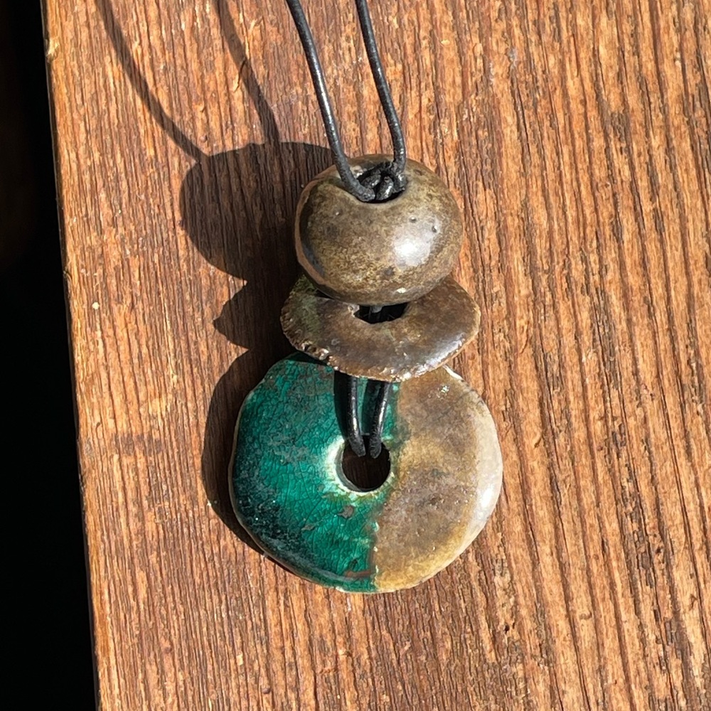 Vintage handmade cord necklace glazed ceramic long